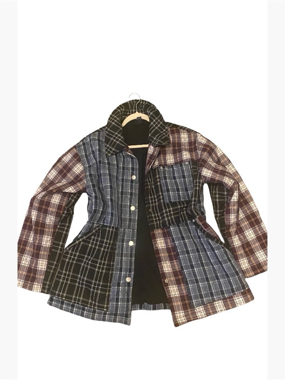 Patchwork Plaid Jacket in Blue, Black & Burgundy